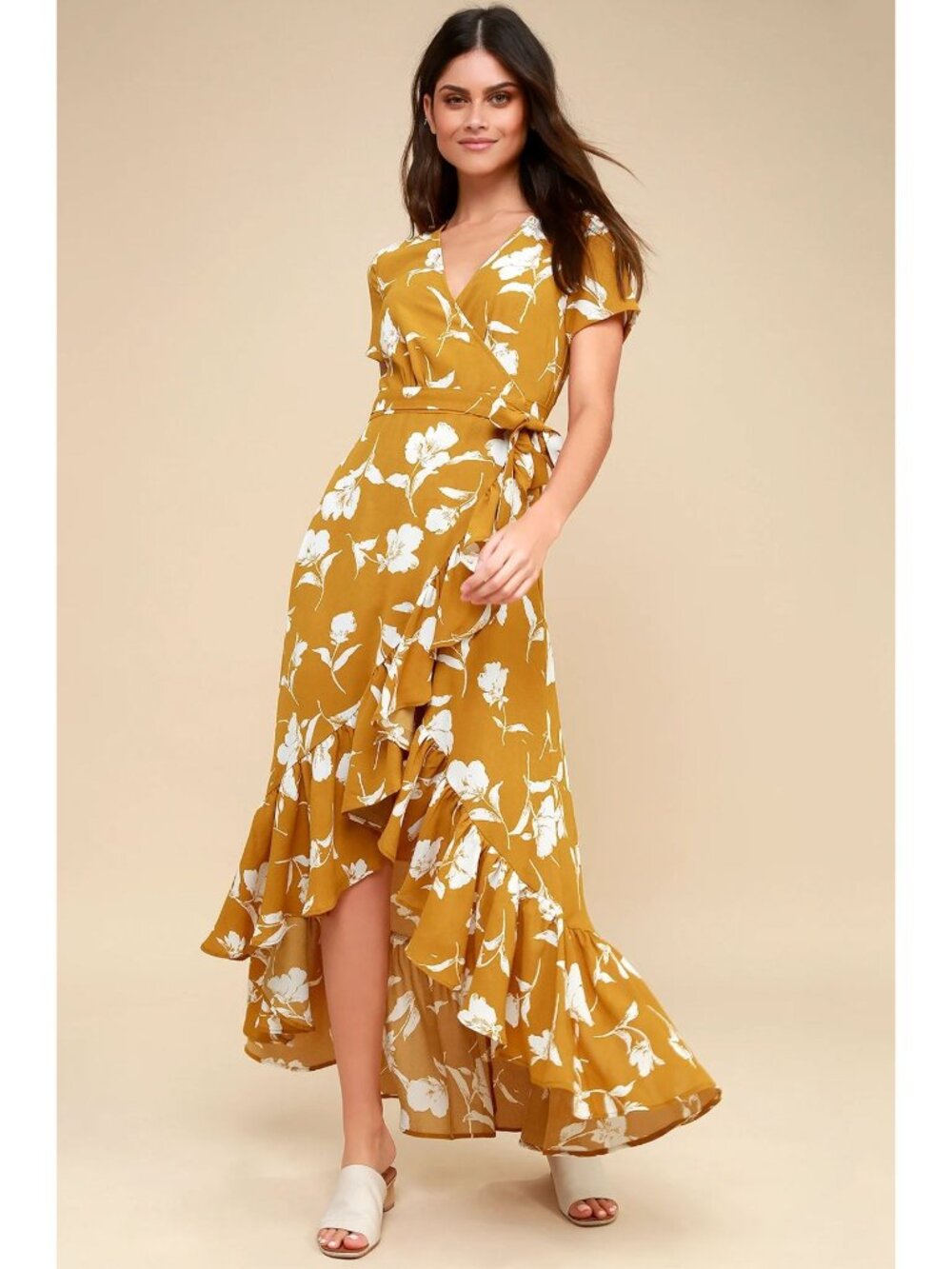 Lulus Vineyard Vacation Dark Yellow Floral High Low Wrap Dress Small